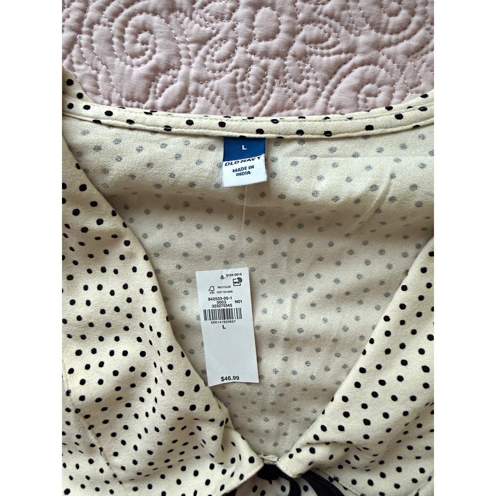 Old Navy Women's L Beige/Black Polka Dot V-Neck Tie Bow Shift Short Dress